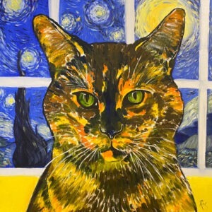 Painting of the head of a cat in front of a window. The window shows a starry sky in the style of Van Gogh