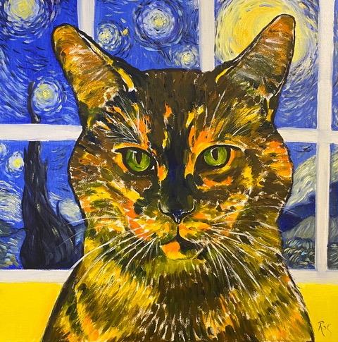 Painting of the head of a cat in front of a window. The window shows a starry sky in the style of Van Gogh