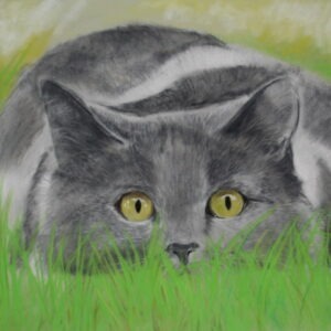 pastel painting of a grey cat lying in the grass