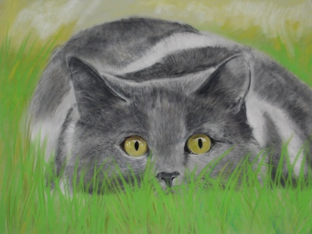 pastel painting of a grey cat lying in the grass