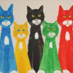 Acrylic painting of 5 cats, painted in 2012 in recognition of a certain sporting event