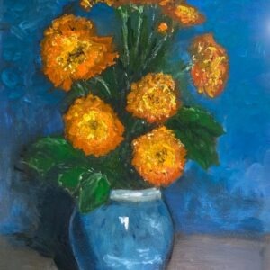 "Orange Flowers in Blue Vase" Greetings Card