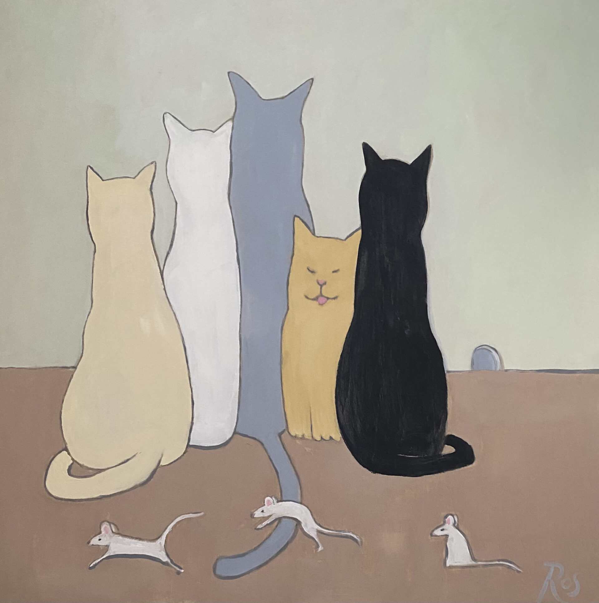 Picture of 4 cats unaware of the mice running over their tails